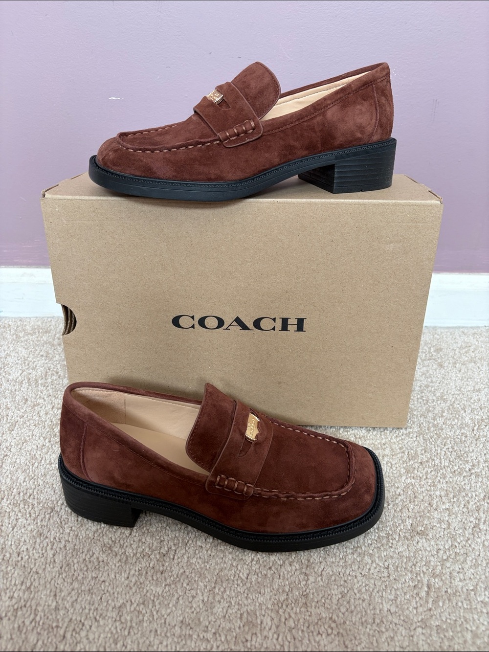 COACH Square Toe Brown Suede Loafer, Size 6